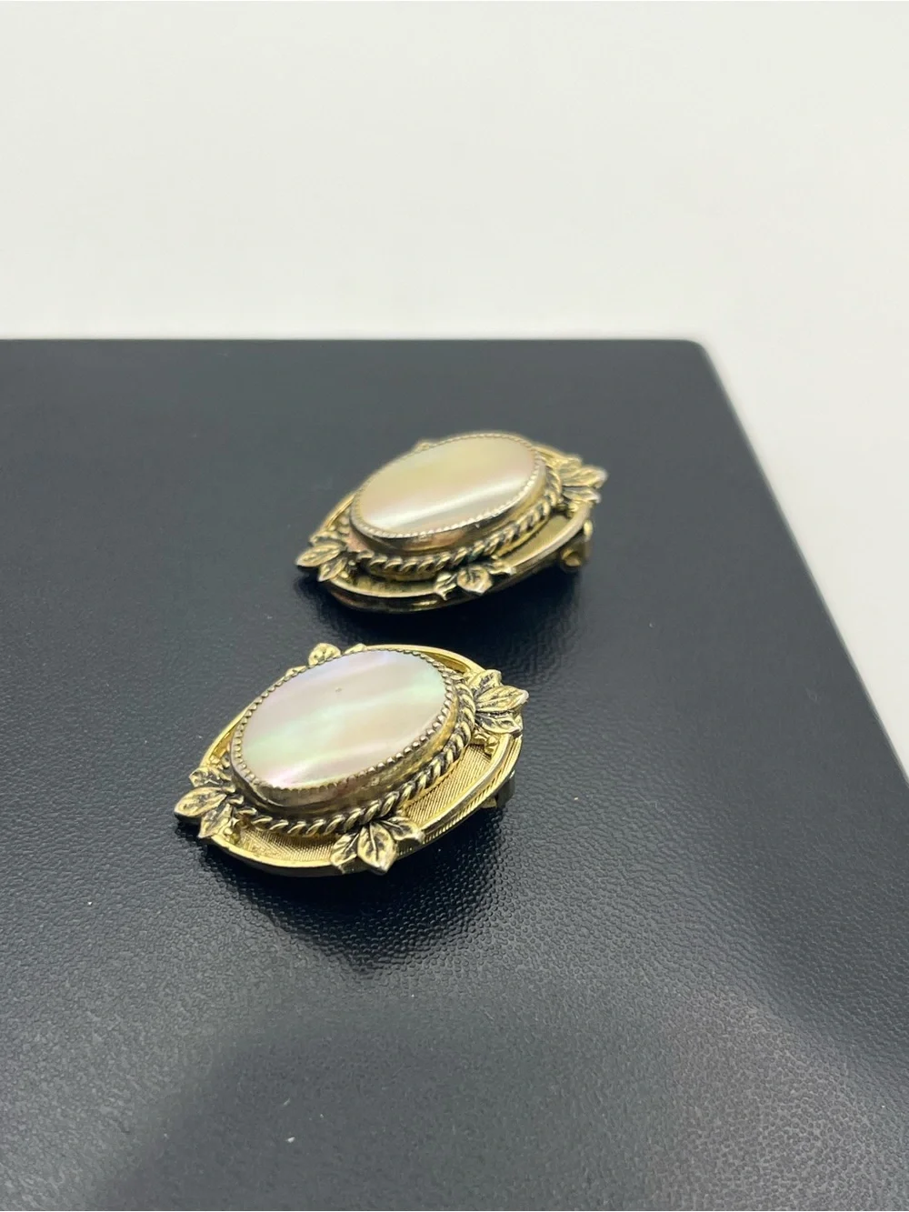 Whiting & Davis 1950’s Victorian Revival Gold tone mother of pearl clip earrings